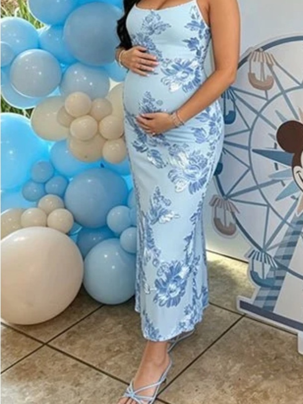 Momyknows Blue Floral Tie Shoulder Strap Cami Maternity Maxi Dress